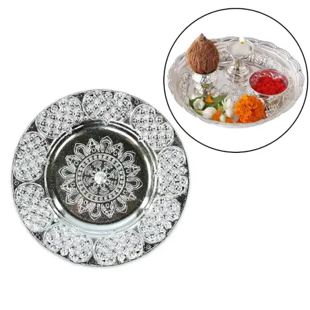 ZG0jTze3vWMzVQo9l43a1pwBXfQVqMYghQ5VTs6B.webp Decorative Silver Ethnic Pooja Thali with Kumkum Holders 8-inch Traditional Festival Thali ( default, Standard ).